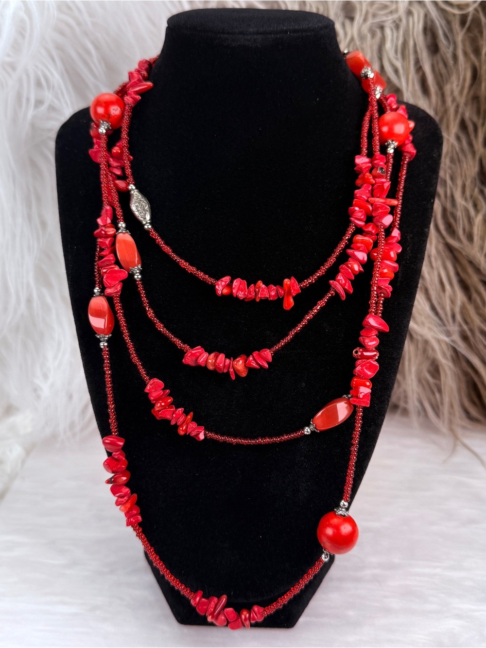 Vintage 78" Red Multi Strand Chip Bead Necklace Long Layering Statement Necklace